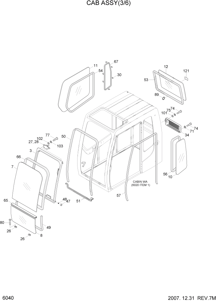 Схема запчастей Hyundai R160LC7A - PAGE 6040 CAB ASSY(3/6) СТРУКТУРА