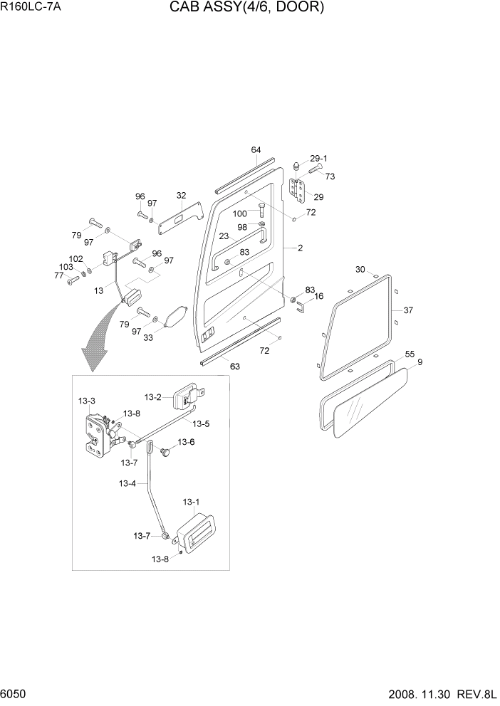 Схема запчастей Hyundai R160LC7A - PAGE 6050 CAB ASSY(4/6, DOOR) СТРУКТУРА