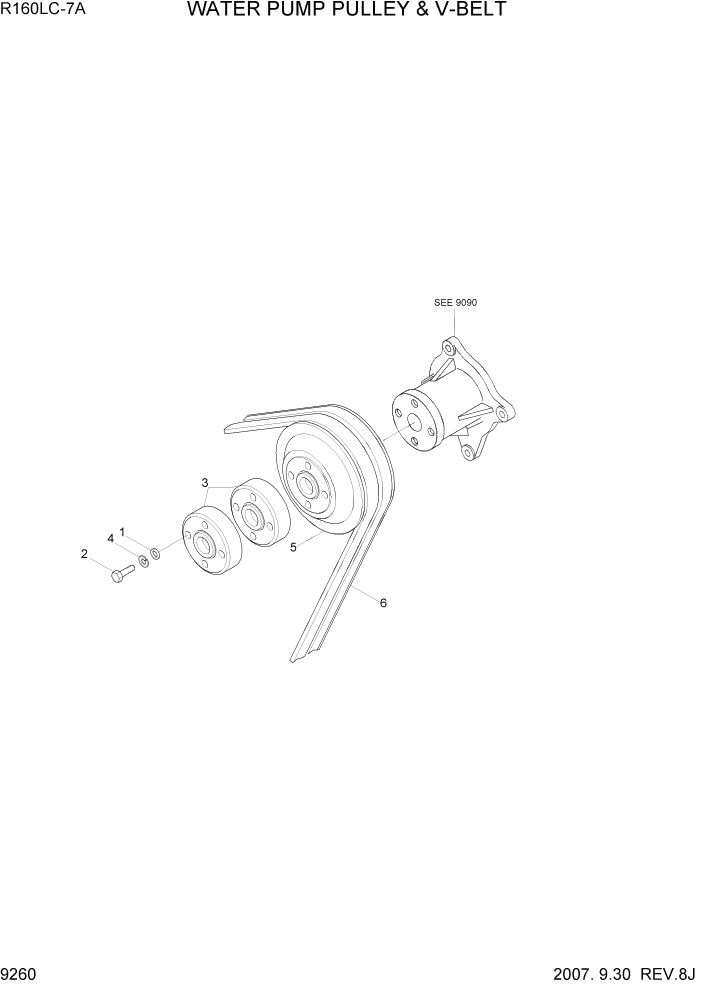 Схема запчастей Hyundai R160LC7A - PAGE 9260 WATER PUMP PULLEY & V-VELT ДВИГАТЕЛЬ БАЗА