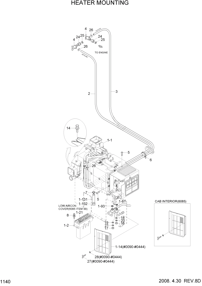 Схема запчастей Hyundai R180LC7 - PAGE 1140 HEATER MOUNTING СИСТЕМА ДВИГАТЕЛЯ