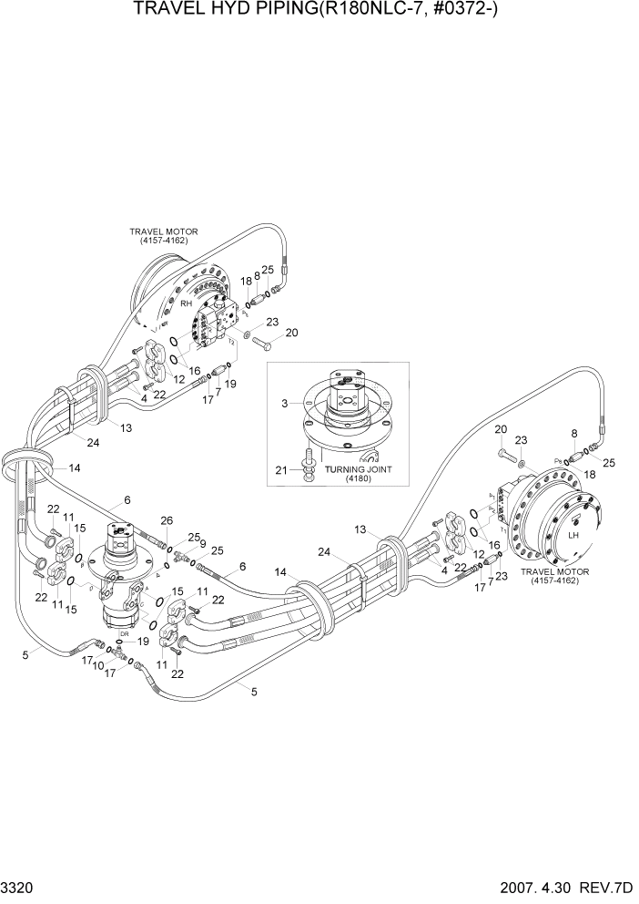 Схема запчастей Hyundai R180LC7 - PAGE 3320 TRAVEL HYD PIPING(R180NLC-7, #0372-) ГИДРАВЛИЧЕСКАЯ СИСТЕМА