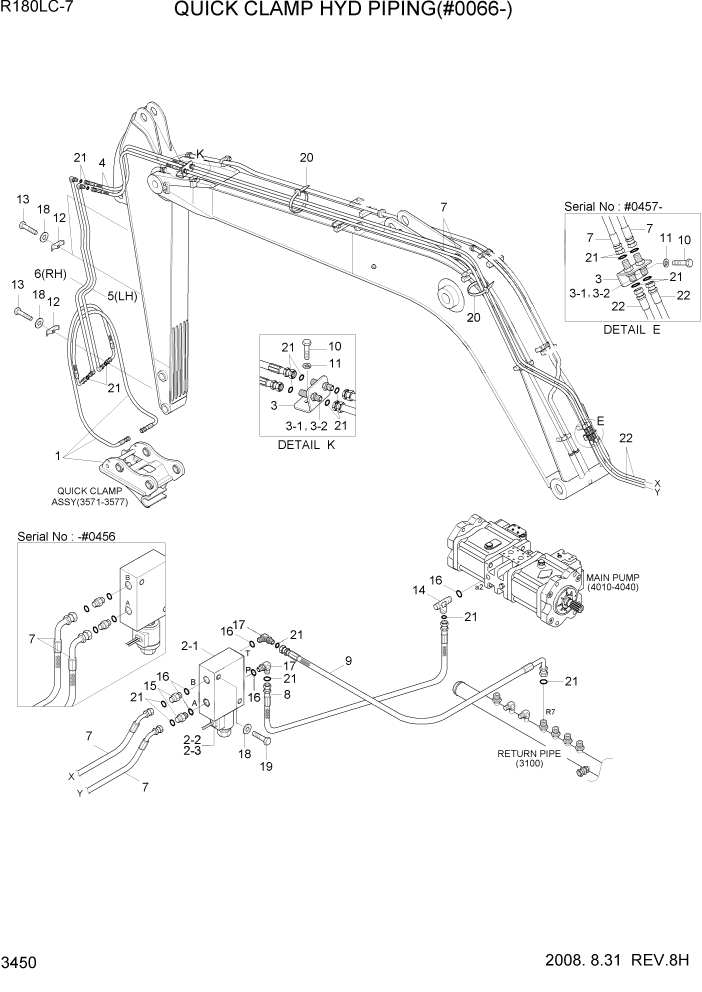 Схема запчастей Hyundai R180LC7 - PAGE 3450 QUICK CLAMP HYD PIPING(#0066-) ГИДРАВЛИЧЕСКАЯ СИСТЕМА