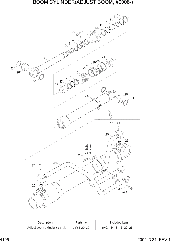 Схема запчастей Hyundai R180LC7 - PAGE 4195 BOOM CYLINDER(ADJUST BOOM, #0008-) ГИДРАВЛИЧЕСКИЕ КОМПОНЕНТЫ