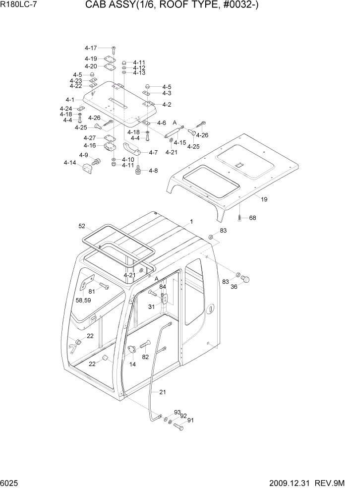 Схема запчастей Hyundai R180LC7 - PAGE 6025 CAB ASSY(1/6, ROOF TYPE, #0032-) СТРУКТУРА