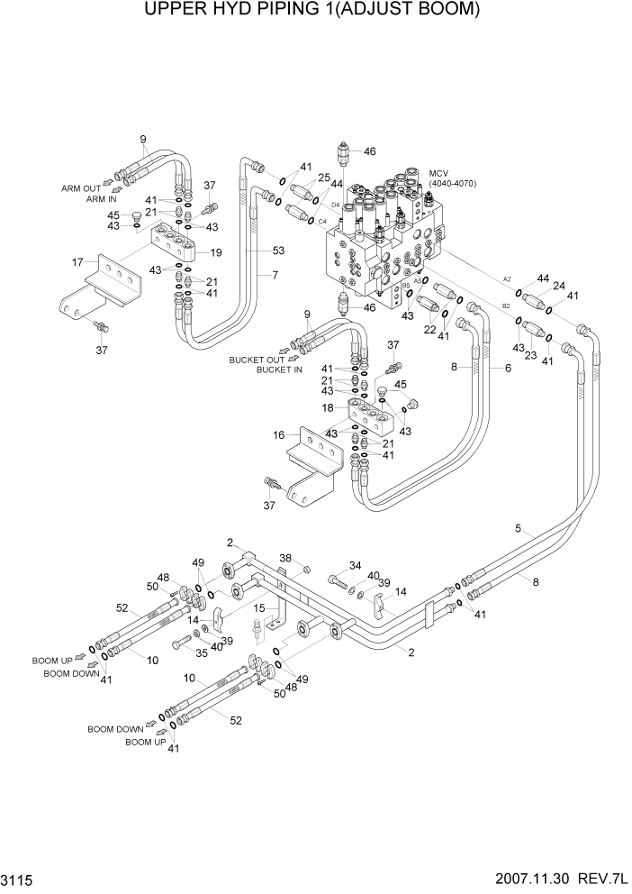 Схема запчастей Hyundai R180LC7A - PAGE 3115 UPPER HYD PIPING 1(ADJUST BOOM) ГИДРАВЛИЧЕСКАЯ СИСТЕМА