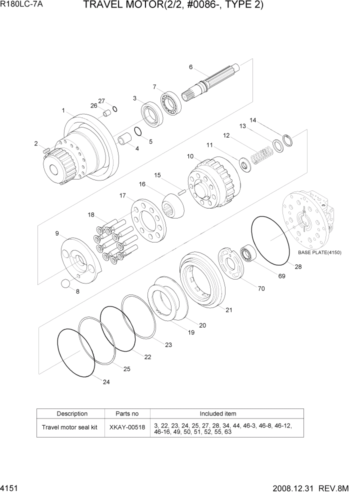 Схема запчастей Hyundai R180LC7A - PAGE 4151 TRAVEL MOTOR(2/2, #0086-, TYPE 2) ГИДРАВЛИЧЕСКИЕ КОМПОНЕНТЫ