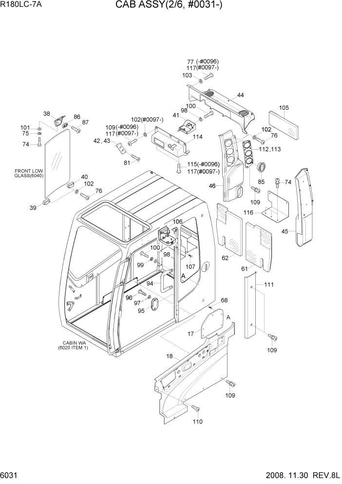 Схема запчастей Hyundai R180LC7A - PAGE 6031 CAB ASSY(2/6, #0031-) СТРУКТУРА