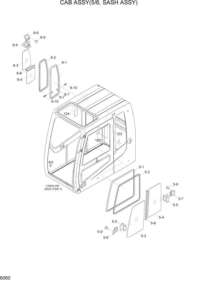 Схема запчастей Hyundai R180LC7A - PAGE 6060 CAB ASSY(5/6, SASH ASSY) СТРУКТУРА