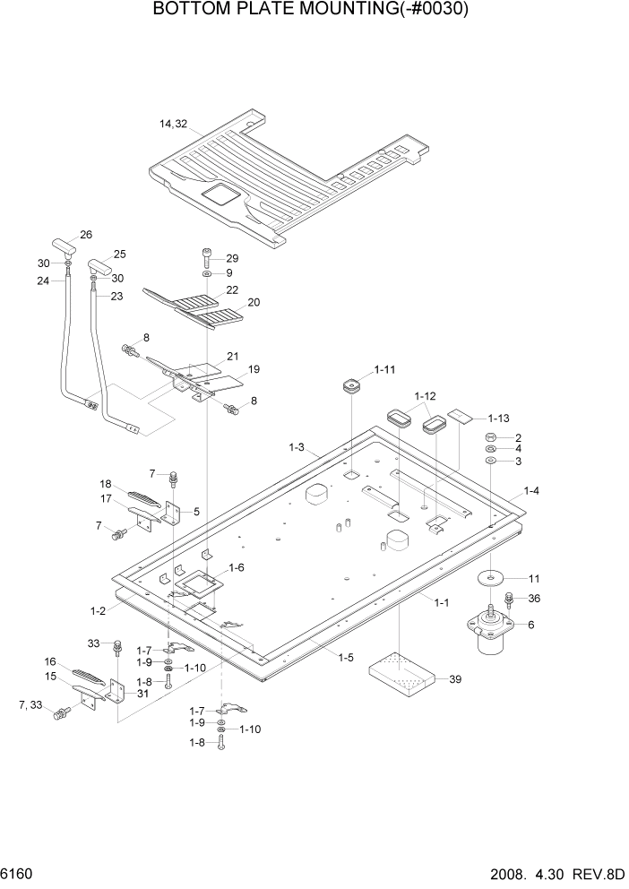 Схема запчастей Hyundai R180LC7A - PAGE 6160 BOTTOM PLATE MOUNTING(-#0030) СТРУКТУРА