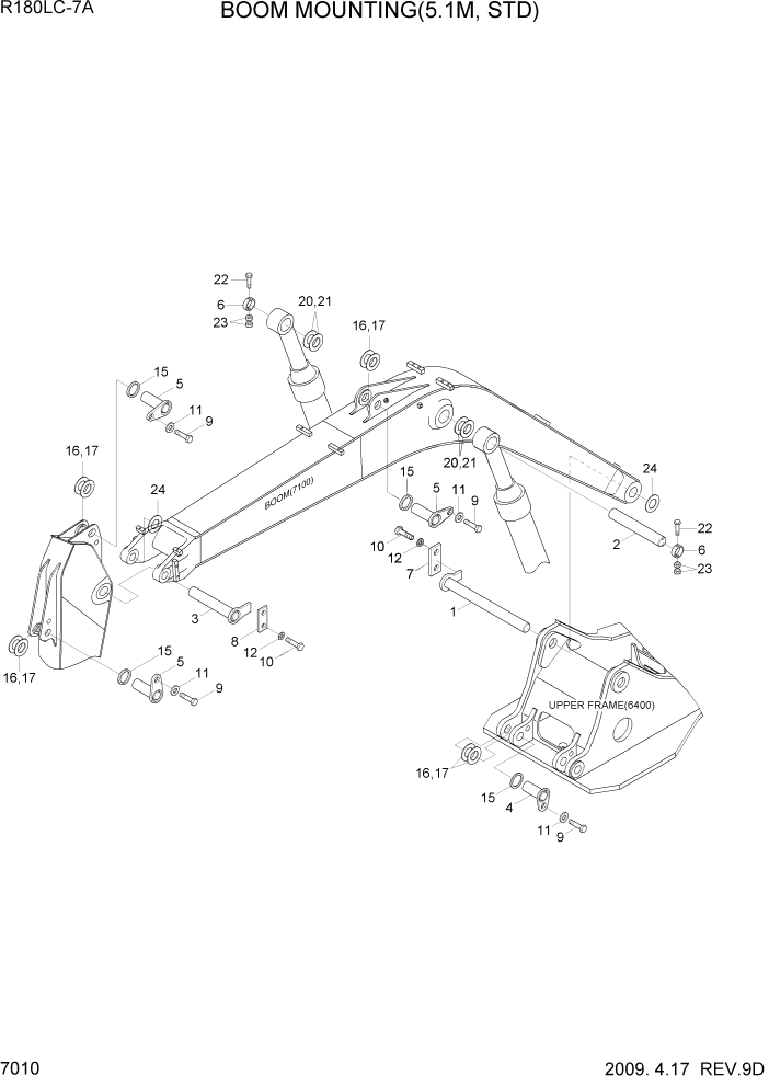 Схема запчастей Hyundai R180LC7A - PAGE 7010 BOOM MOUNTING(5.1M, STD) РАБОЧЕЕ ОБОРУДОВАНИЕ