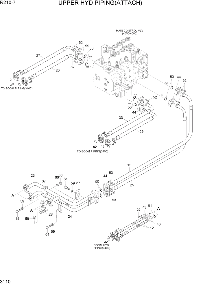 Схема запчастей Hyundai R210-7 - PAGE 3110 UPPER HYD PIPING(ATTACH) ГИДРАВЛИЧЕСКАЯ СИСТЕМА