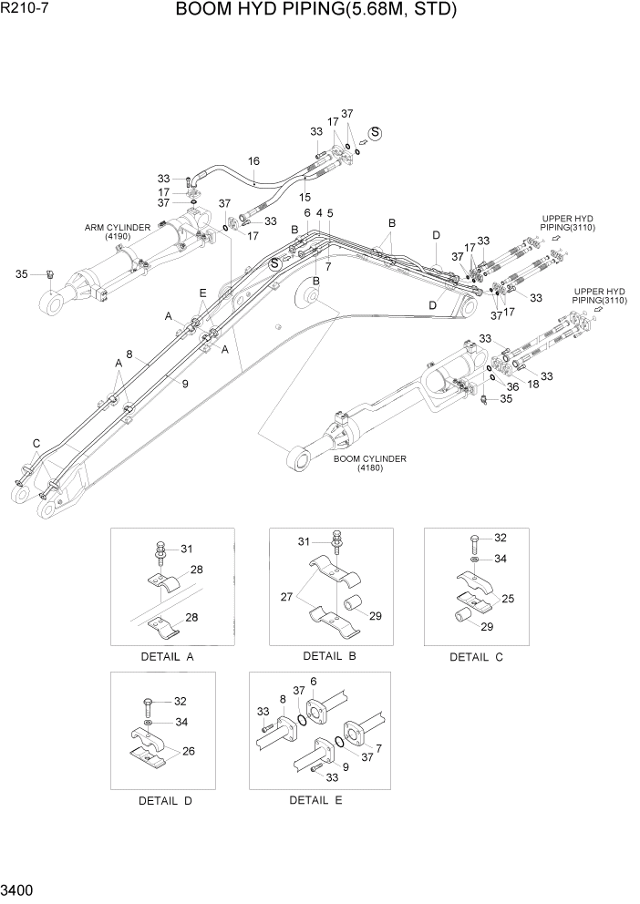 Схема запчастей Hyundai R210-7 - PAGE 3400 BOOM HYD PIPING(5.68M,STD) ГИДРАВЛИЧЕСКАЯ СИСТЕМА