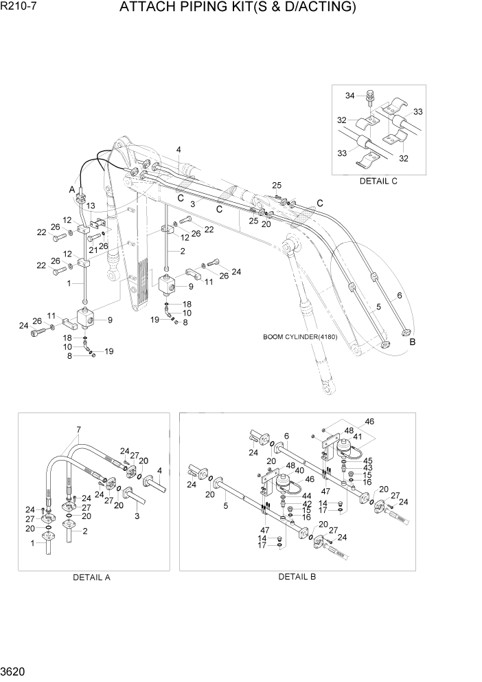 Схема запчастей Hyundai R210-7 - PAGE 3620 ATTACH PIPING KIT(S & D/ACTING) ГИДРАВЛИЧЕСКАЯ СИСТЕМА