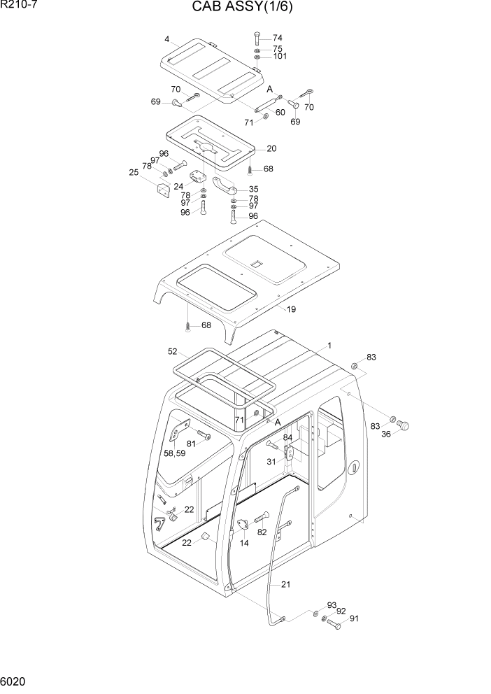 Схема запчастей Hyundai R210-7 - PAGE 6020 CAB ASSY(1/6) СТРУКТУРА