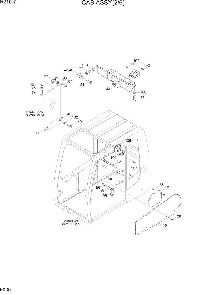 Схема запчастей Hyundai R210-7 - PAGE 6030 CAB ASSY(2/6) СТРУКТУРА