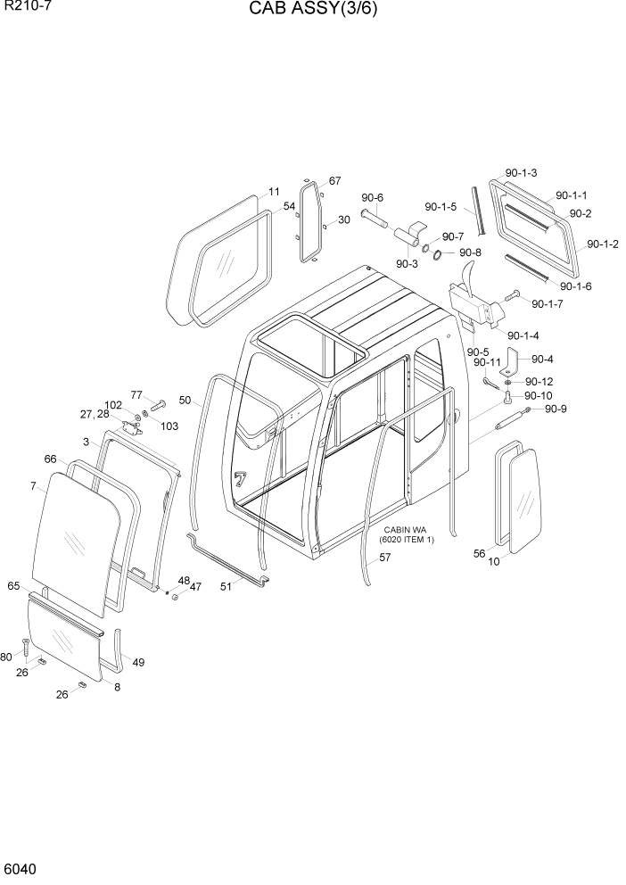 Схема запчастей Hyundai R210-7 - PAGE 6040 CAB ASSY(3/6) СТРУКТУРА