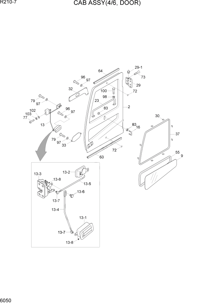 Схема запчастей Hyundai R210-7 - PAGE 6050 CAB ASSY(4/6, DOOR) СТРУКТУРА