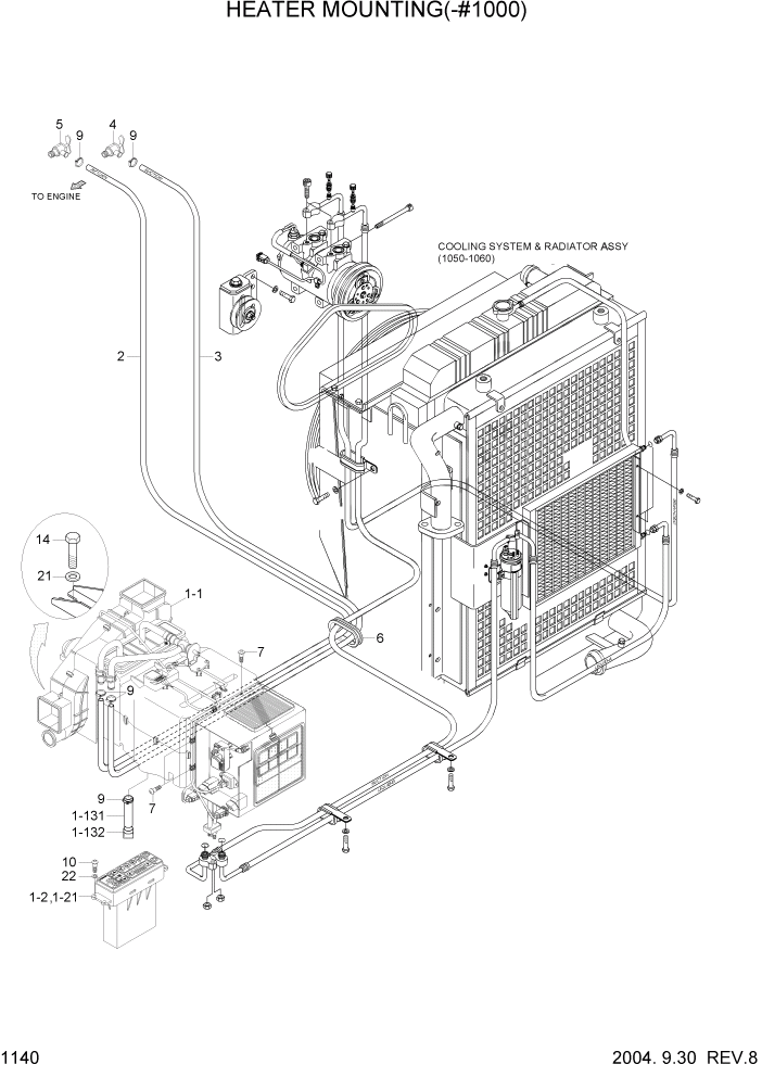 Схема запчастей Hyundai R210LC7 - PAGE 1140 HEATER MOUNTING(-#1000) СИСТЕМА ДВИГАТЕЛЯ