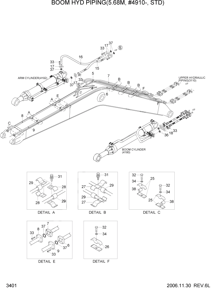 Схема запчастей Hyundai R210LC7 - PAGE 3401 BOOM HYD PIPING(5.68M, #4910-, STD) ГИДРАВЛИЧЕСКАЯ СИСТЕМА