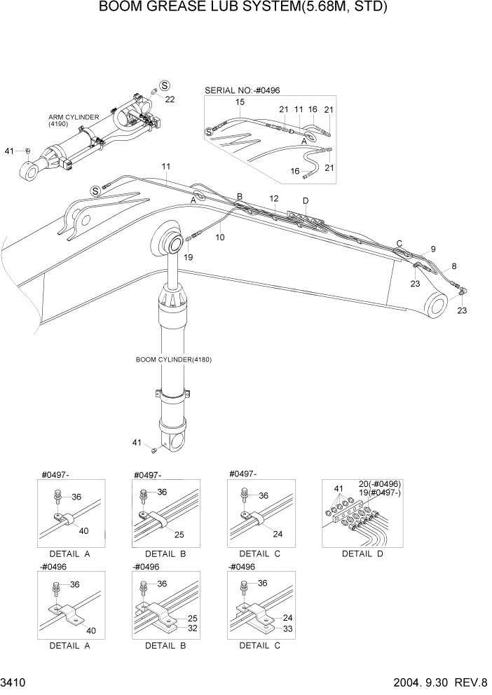 Схема запчастей Hyundai R210LC7 - PAGE 3410 BOOM GREASE LUB SYSTEM(5.68M, STD) ГИДРАВЛИЧЕСКАЯ СИСТЕМА