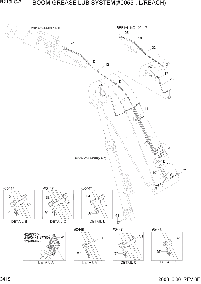 Схема запчастей Hyundai R210LC7 - PAGE 3415 BOOM GREASE LUB SYSTEM(#0055-,L/REACH) ГИДРАВЛИЧЕСКАЯ СИСТЕМА