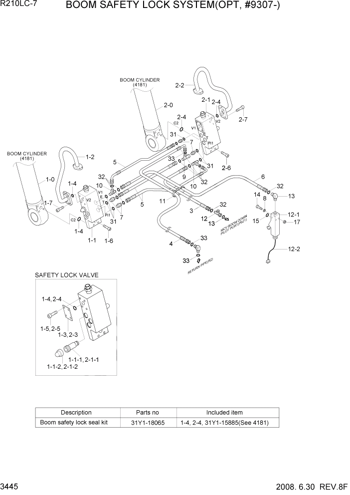 Схема запчастей Hyundai R210LC7 - PAGE 3445 BOOM SAFETY LOCK SYSTEM(OPT, #9307-) ГИДРАВЛИЧЕСКАЯ СИСТЕМА