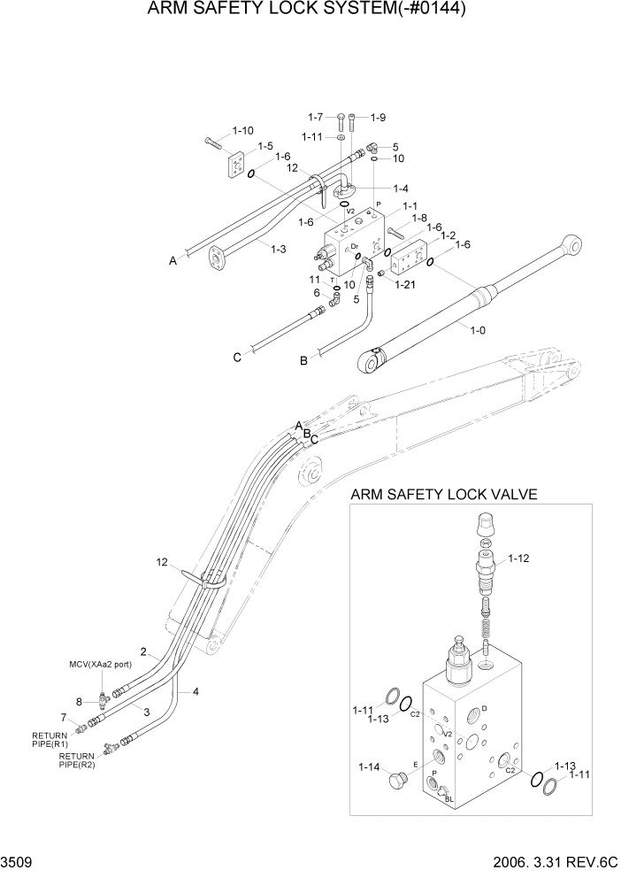 Схема запчастей Hyundai R210LC7 - PAGE 3509 ARM SAFETY LOCK SYSTEM(-#0144) ГИДРАВЛИЧЕСКАЯ СИСТЕМА