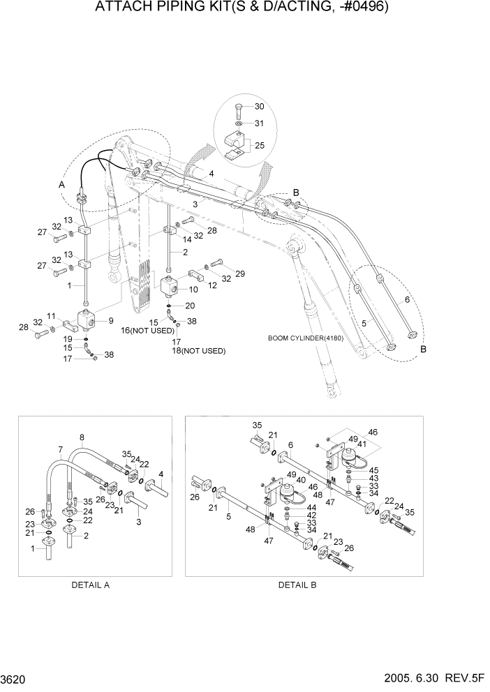 Схема запчастей Hyundai R210LC7 - PAGE 3620 ATTACH PIPING KIT(S & D/ACTING, -#0496) ГИДРАВЛИЧЕСКАЯ СИСТЕМА