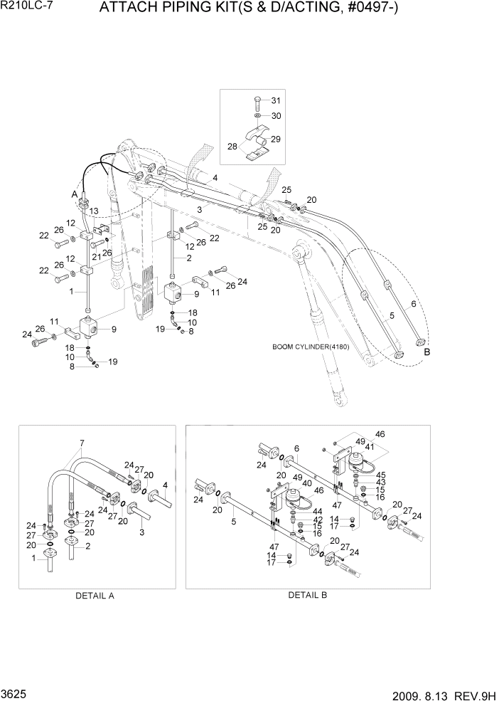 Схема запчастей Hyundai R210LC7 - PAGE 3625 ATTACH PIPING KIT(S & D/ACTING, #0497-) ГИДРАВЛИЧЕСКАЯ СИСТЕМА