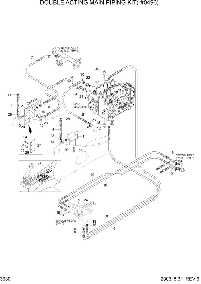 Схема запчастей Hyundai R210LC7 - PAGE 3630 DOUBLE ACTING MAIN PIPING KIT(-#0496) ГИДРАВЛИЧЕСКАЯ СИСТЕМА