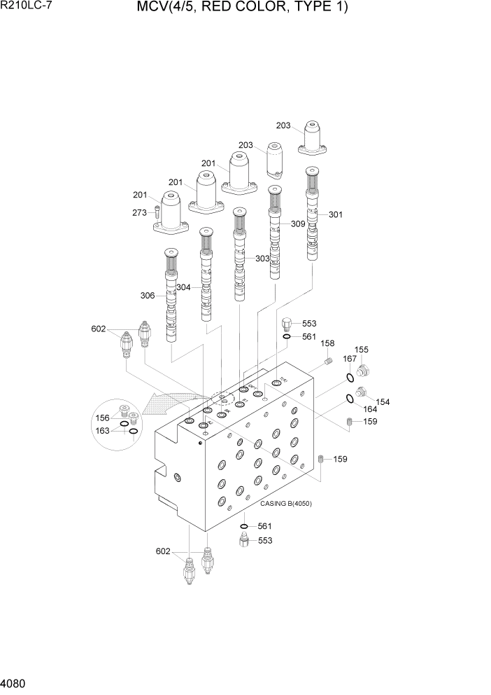 Схема запчастей Hyundai R210LC7 - PAGE 4080 MCV(4/5, RED COLOR, TYPE 1) ГИДРАВЛИЧЕСКИЕ КОМПОНЕНТЫ