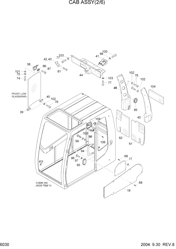 Схема запчастей Hyundai R210LC7 - PAGE 6030 CAB ASSY(2/6) СТРУКТУРА