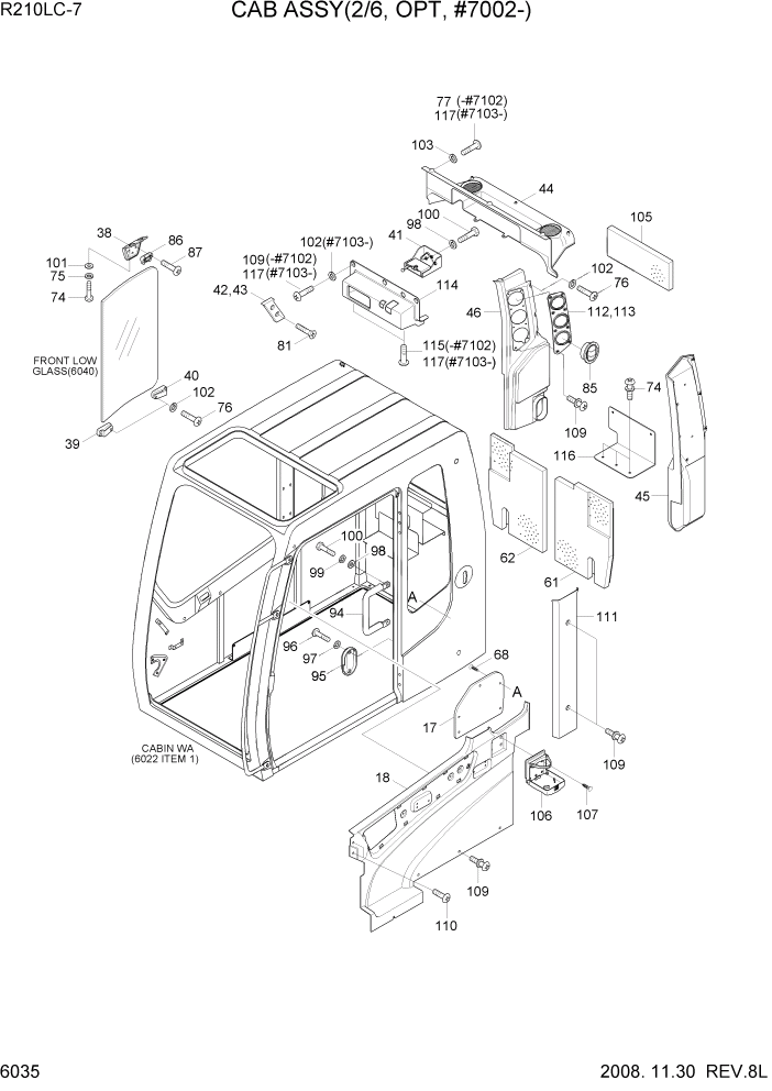 Схема запчастей Hyundai R210LC7 - PAGE 6035 CAB ASSY(2/6, OPT, #7002-) СТРУКТУРА