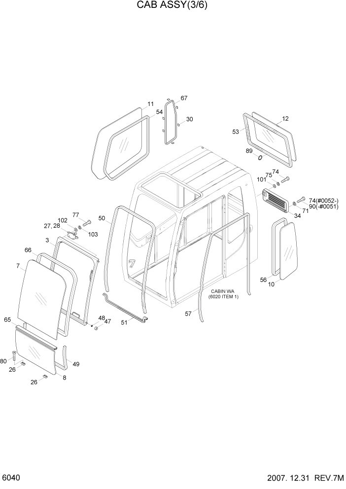 Схема запчастей Hyundai R210LC7 - PAGE 6040 CAB ASSY(3/6) СТРУКТУРА