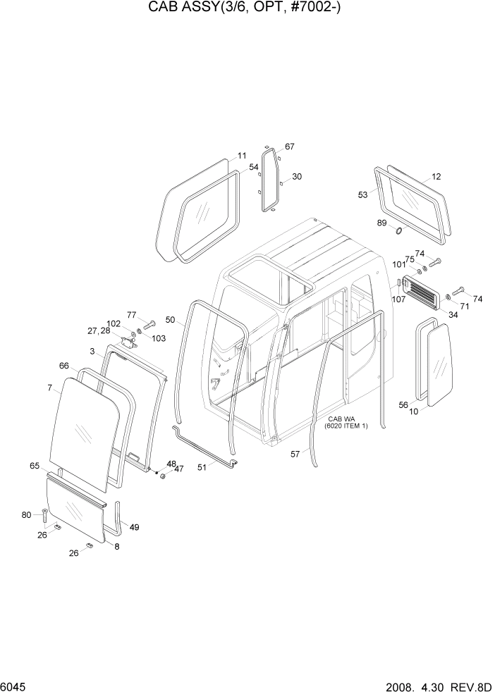 Схема запчастей Hyundai R210LC7 - PAGE 6045 CAB ASSY(3/6, OPT, #7002-) СТРУКТУРА