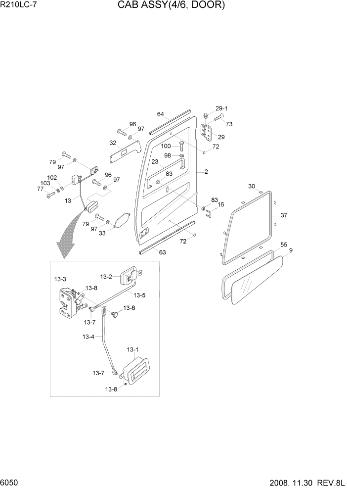 Схема запчастей Hyundai R210LC7 - PAGE 6050 CAB ASSY(4/6, DOOR) СТРУКТУРА