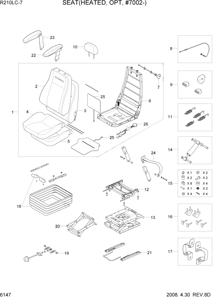 Схема запчастей Hyundai R210LC7 - PAGE 6147 SEAT(HEATED, OPT, #7002-) СТРУКТУРА