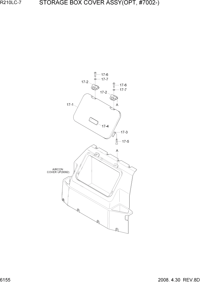 Схема запчастей Hyundai R210LC7 - PAGE 6155 STORAGE BOX COVER ASSY(OPT, #7002-) СТРУКТУРА