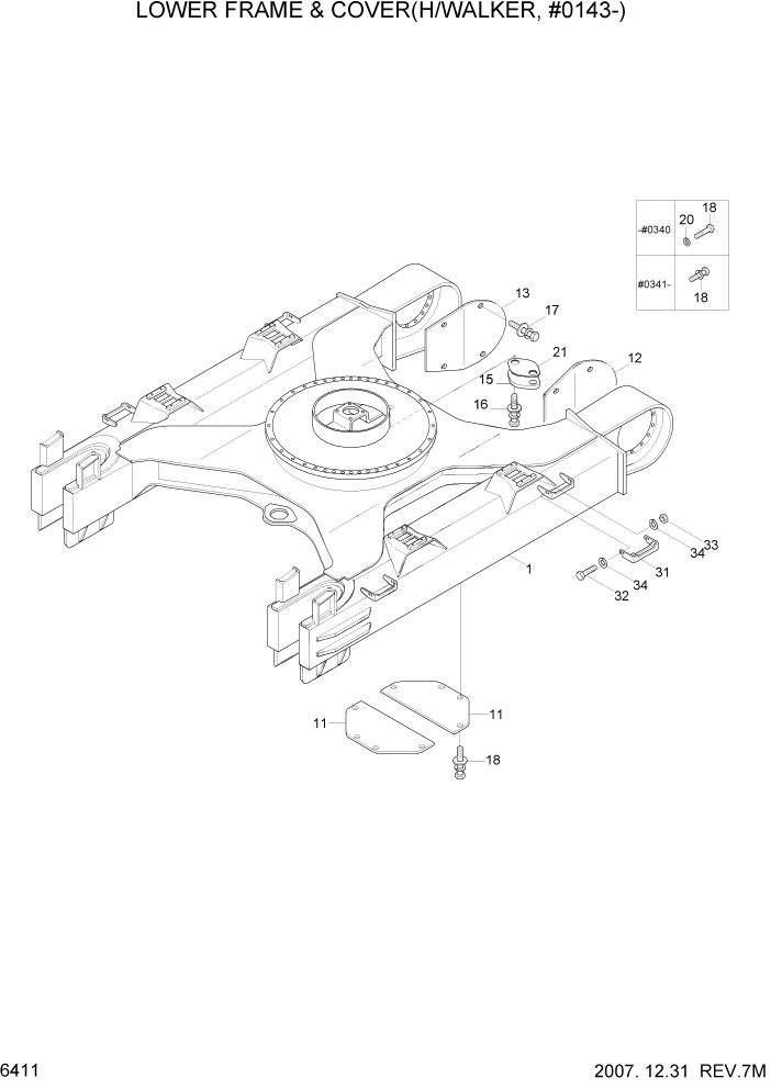 Схема запчастей Hyundai R210LC7 - PAGE 6411 LOWER FRAME & COVER(H/WALKER, #0143-) СТРУКТУРА