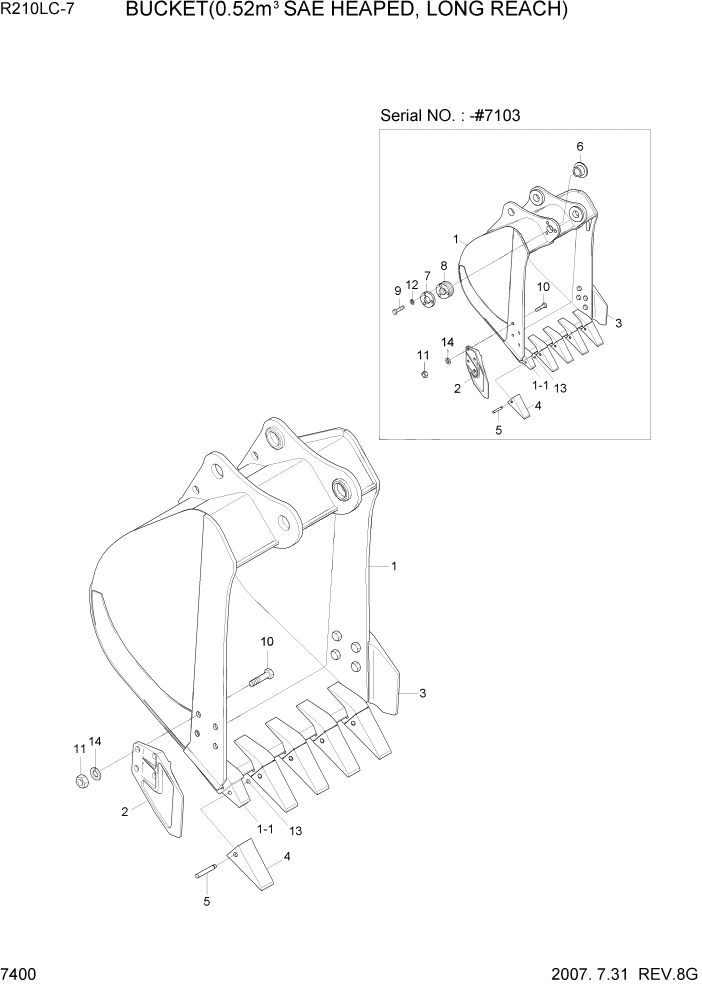 Схема запчастей Hyundai R210LC7 - PAGE 7400 BUCKET(0.52M3 SAE HEAPED, LONG REACH) РАБОЧЕЕ ОБОРУДОВАНИЕ