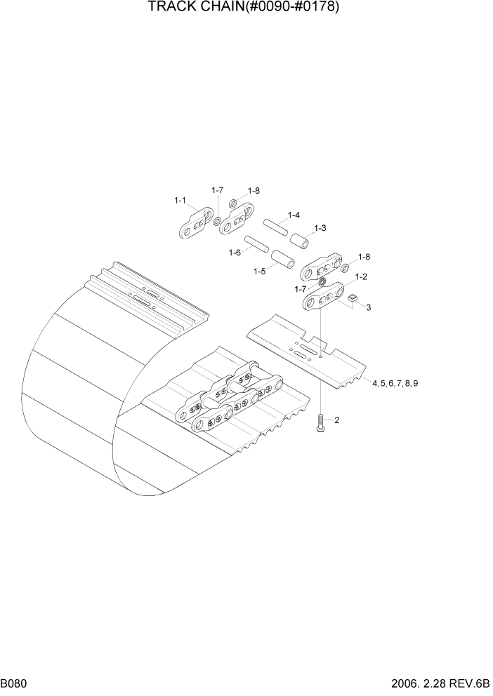 Схема запчастей Hyundai R290LC7 - PAGE B080 TRACK CHAIN(#0090-#0178) ХОДОВАЯ ЧАСТЬ(- # 0178, НОВАЯ ЗЕЛАНДИЯ)