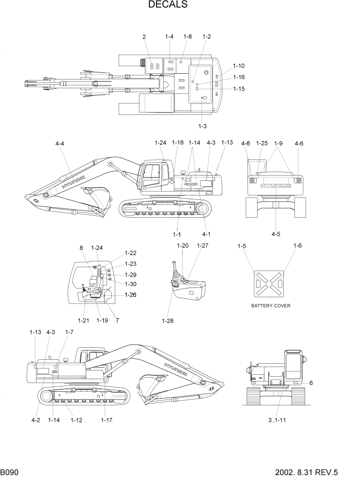 Схема запчастей Hyundai R290LC7 - PAGE B090 DECALS(-#0178) ХОДОВАЯ ЧАСТЬ(- # 0178, НОВАЯ ЗЕЛАНДИЯ)