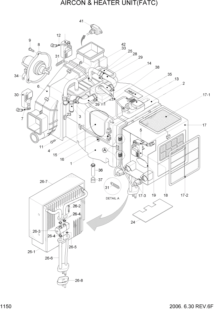 Схема запчастей Hyundai R290LC7A - PAGE 1150 AIRCON & HEATER UNIT(FATC) СИСТЕМА ДВИГАТЕЛЯ