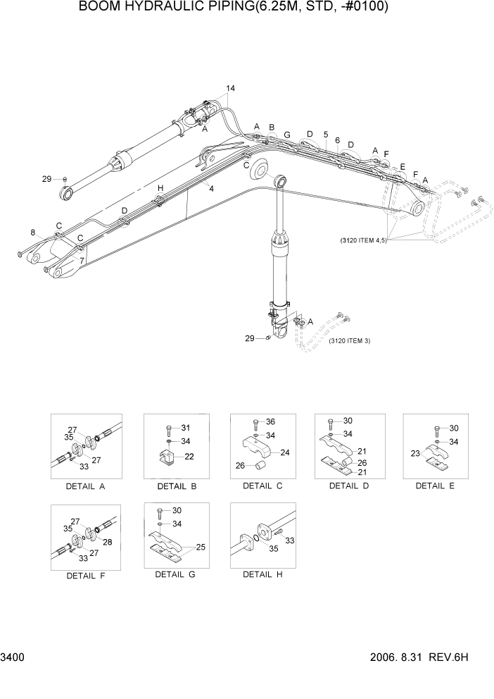 Схема запчастей Hyundai R290LC7A - PAGE 3400 BOOM HYDRAULIC PIPING(6.25M,STD,-#0100) ГИДРАВЛИЧЕСКАЯ СИСТЕМА