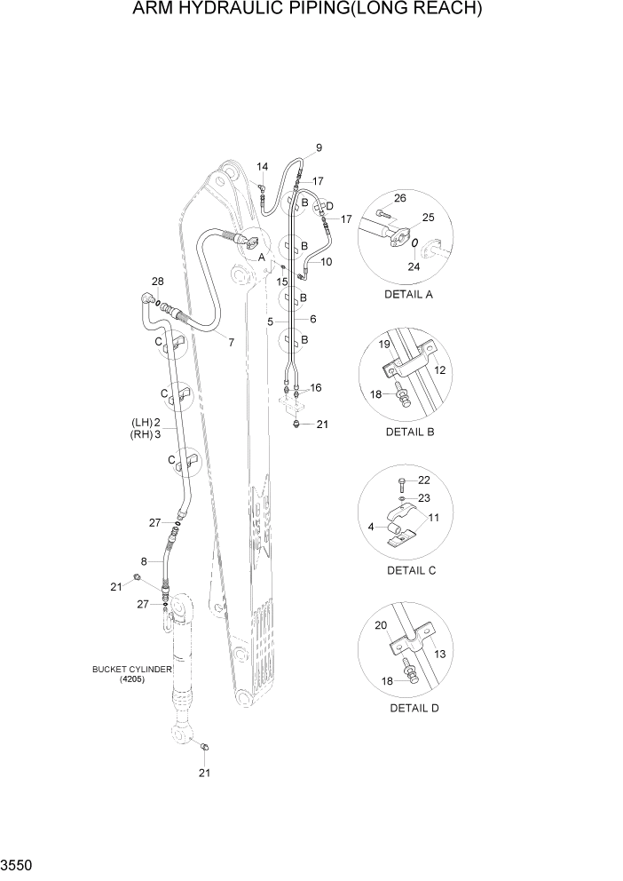 Схема запчастей Hyundai R290LC7A - PAGE 3550 ARM HYDRAULIC PIPING(L/REACH) ГИДРАВЛИЧЕСКАЯ СИСТЕМА