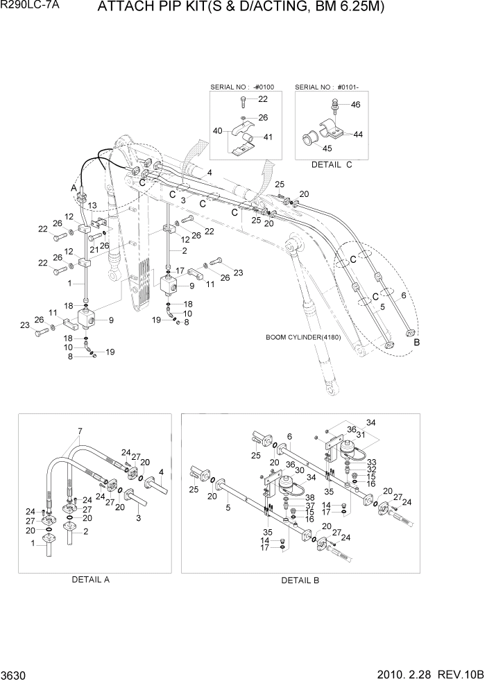 Схема запчастей Hyundai R290LC7A - PAGE 3630 ATTACH PIP KIT(S & D/ACTING, BM 6.25M) ГИДРАВЛИЧЕСКАЯ СИСТЕМА