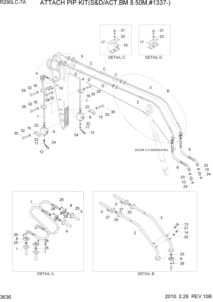 Схема запчастей Hyundai R290LC7A - PAGE 3636 ATTACH PIP KIT(S&D/ACT,BM 8.50M,#1337-) ГИДРАВЛИЧЕСКАЯ СИСТЕМА