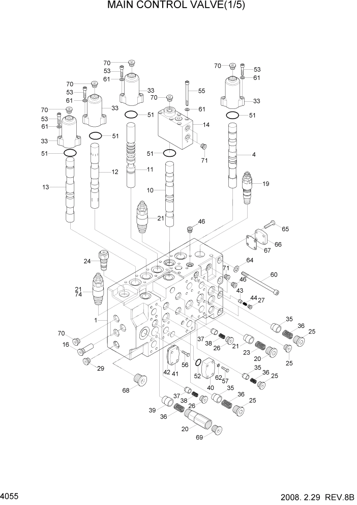 Схема запчастей Hyundai R290LC7A - PAGE 4055 MAIN CONTROL VALVE(1/5) ГИДРАВЛИЧЕСКИЕ КОМПОНЕНТЫ