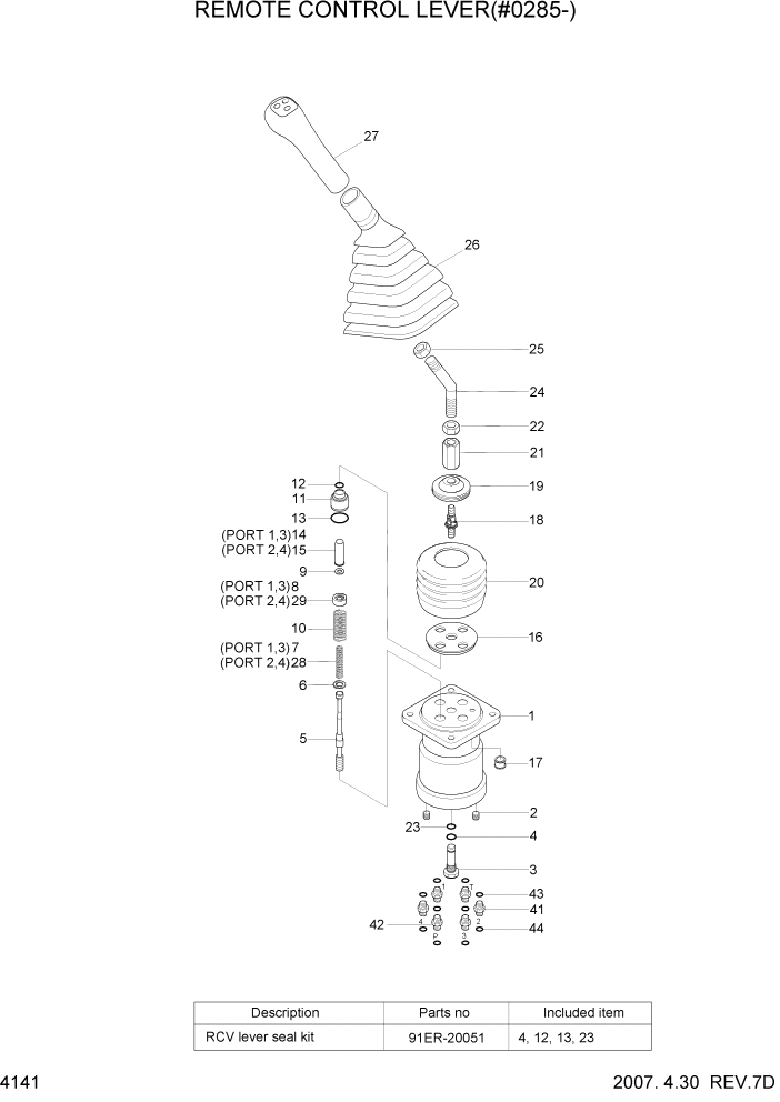 Схема запчастей Hyundai R290LC7A - PAGE 4141 REMOTE CONTROL LEVER(#0285-) ГИДРАВЛИЧЕСКИЕ КОМПОНЕНТЫ