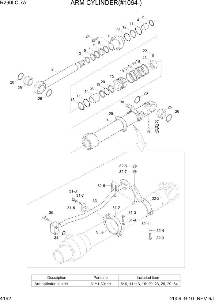 Схема запчастей Hyundai R290LC7A - PAGE 4192 ARM CYLINDER(#1064-) ГИДРАВЛИЧЕСКИЕ КОМПОНЕНТЫ